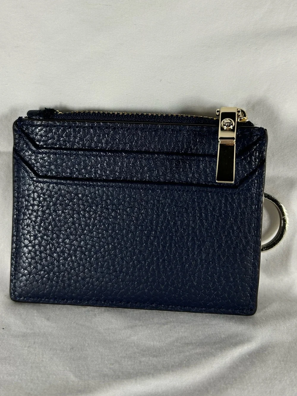 kate spade Navy Pebbled Leather Zip Card Case with Gold Logo